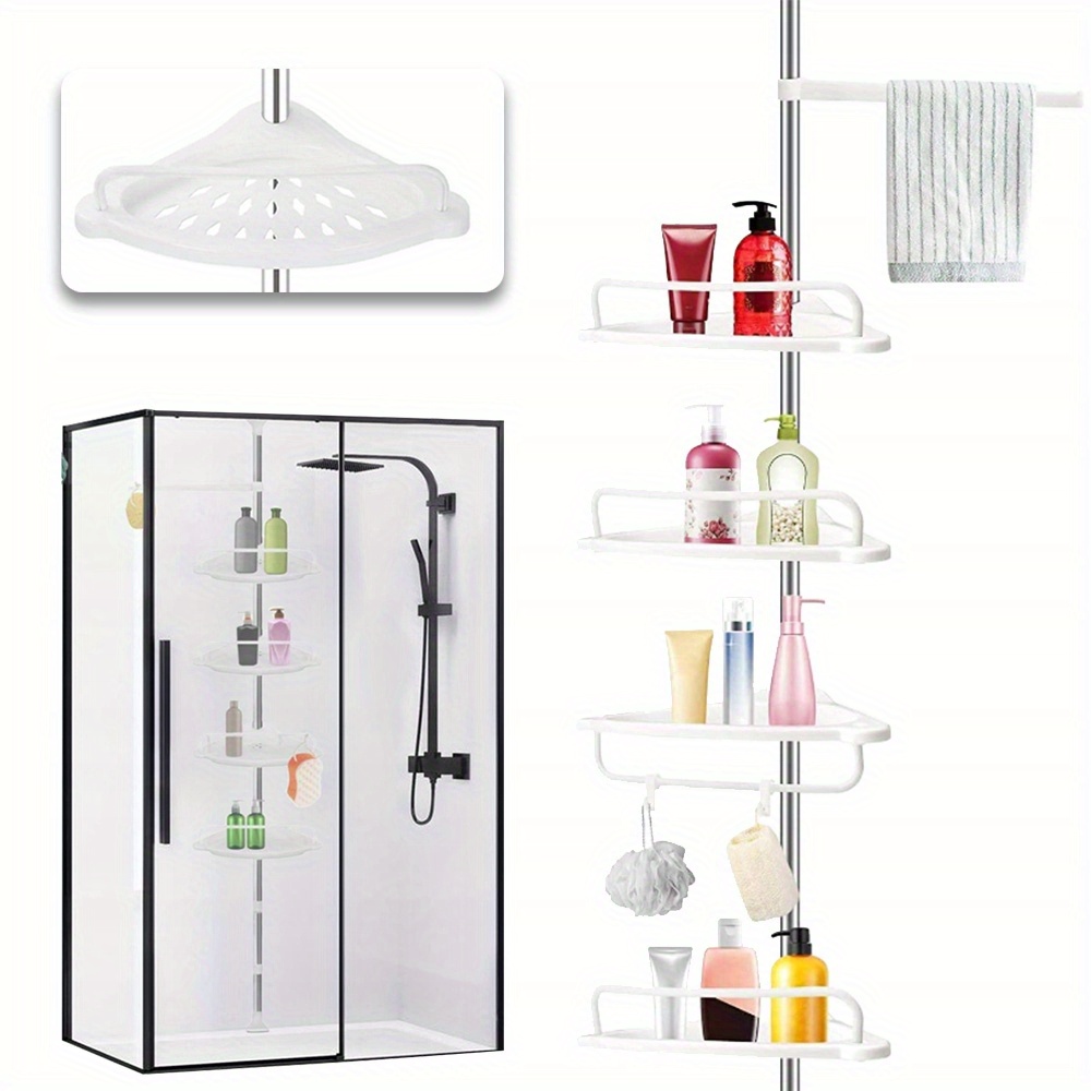 4-tier Corner Shower Caddy With Adjustable Pole & Height - Free-standing/built-in Bath Shelf Rack Suitable For Small Bathrooms, Space- Storage With Storage Basket