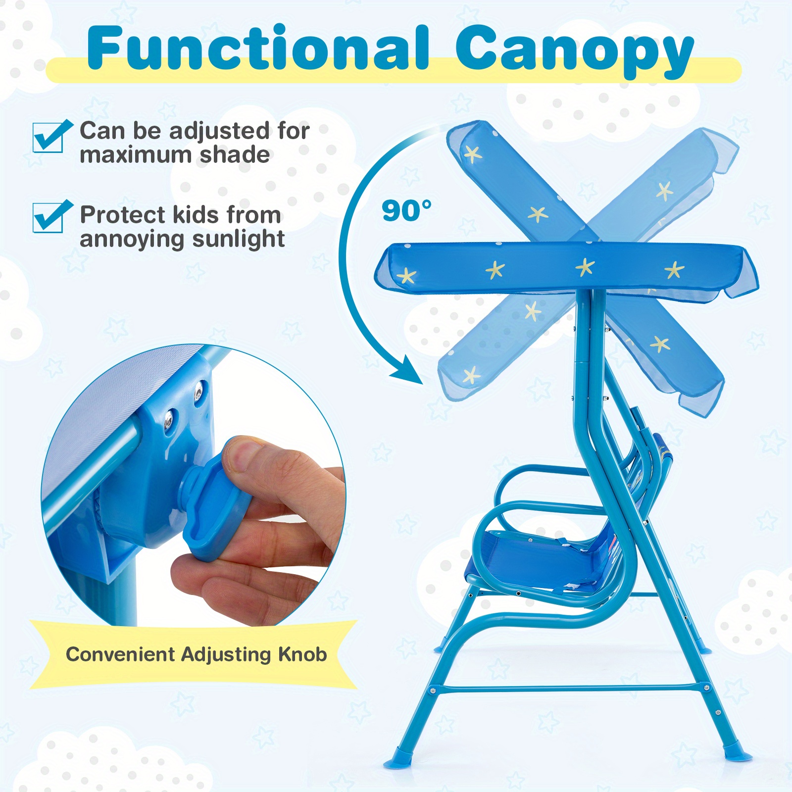 COSTWASY Kids Patio Swing, 2-Seater Swing Chair w/ Metal Stand & Adjustable Canopy, Outdoor Mini Swing w/ Safety Belts for Kids over 3, Porch Seating Solution, Adjustable Canopy Swing, Adjustable Canopy Design, Sturdy Metal Stand, Robust Swing Mechanism, Parents Of