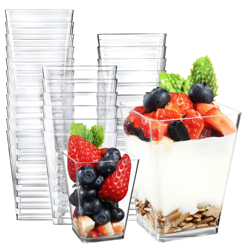 20 Stück 150ml/5oz Quadratische Klare Plastik Dessertbecher, Kleine Klare Plastik Becher, Ideal für Desserts, Appetithäppchen, Puddings, Mousse und Mehr