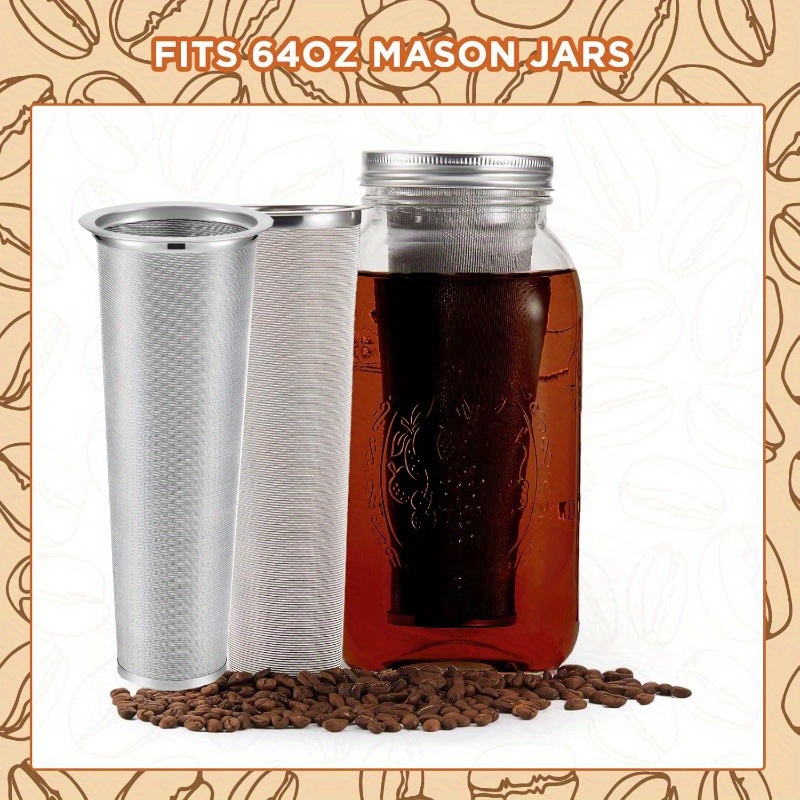 

2pcs Cold Brew Coffee Filter Glass Mason Fine Mesh Reusable 304 Stainless Steel Filter Cold Brew Strainer For Iced Coffee Maker