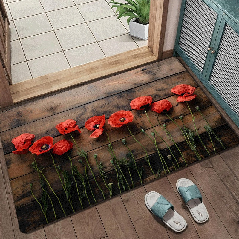 TEMU 1pc Valentine's Day Red Poppy Print Doormat - Non-slip Machine Washable Flannel Fabric Indoor/outdoor Mat For Entrance, Living Room, Bedroom,