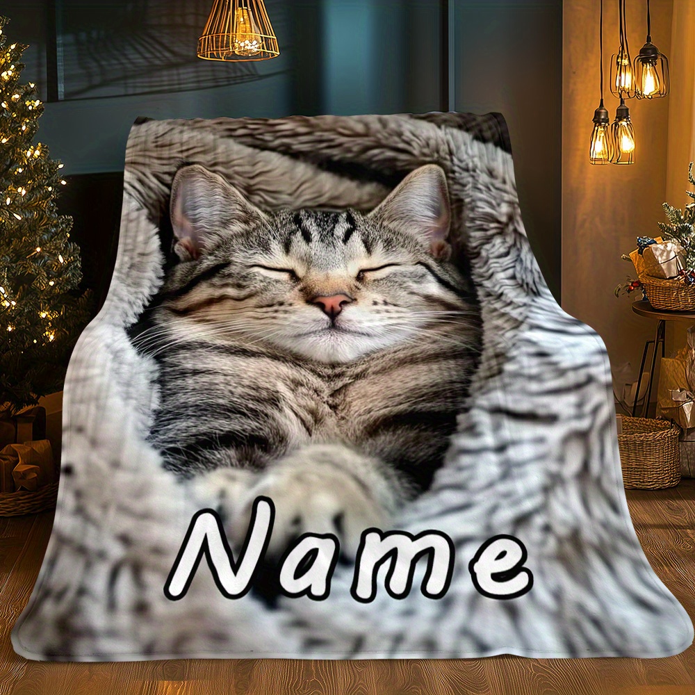 TEMU Personalized Blanket Featuring An Adorable Sleeping Cat - This Lightweight Flannel Bedding Is Perfect For Sofas, Beds, Travel, Camping, And