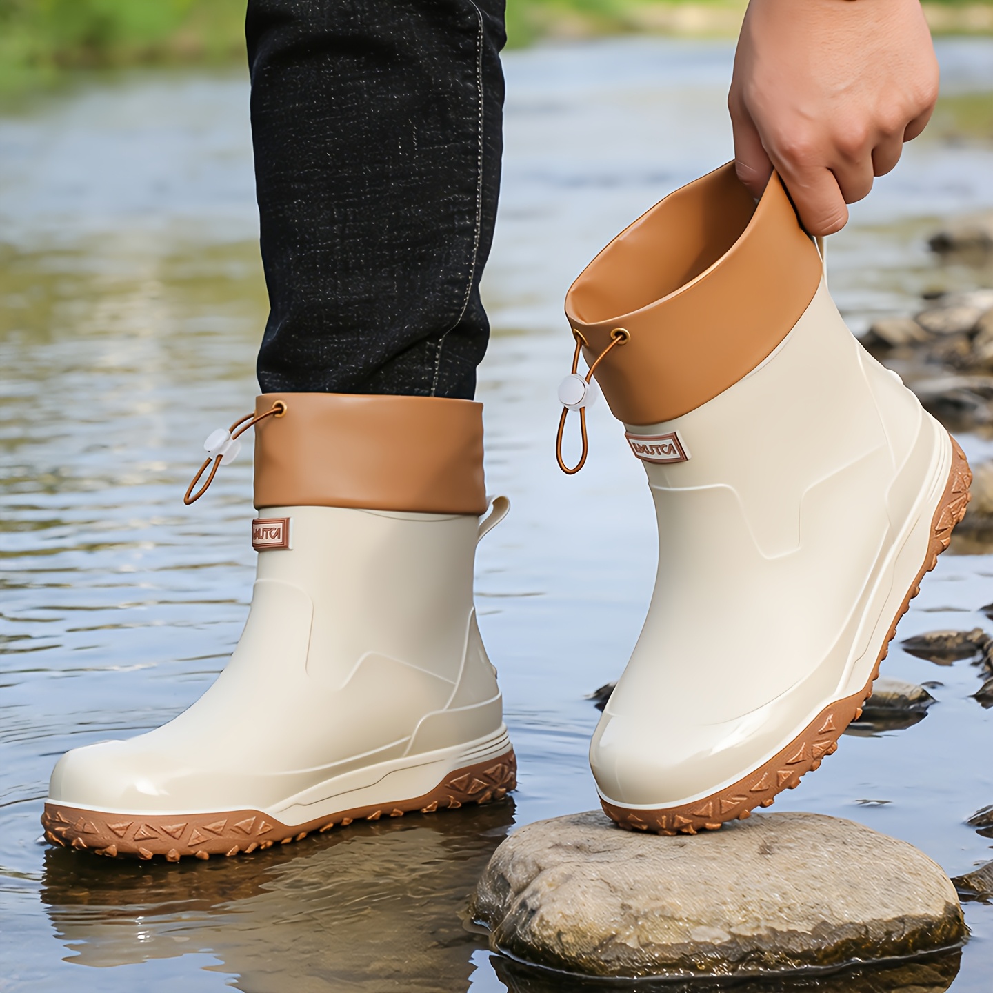 item picture mens waterproof short rain boots lightweight breathable ankle boots round toe short shaft design anti slip sole for gardening daily   and outdoor sports   water shoes for wet terrain and casual daily wear