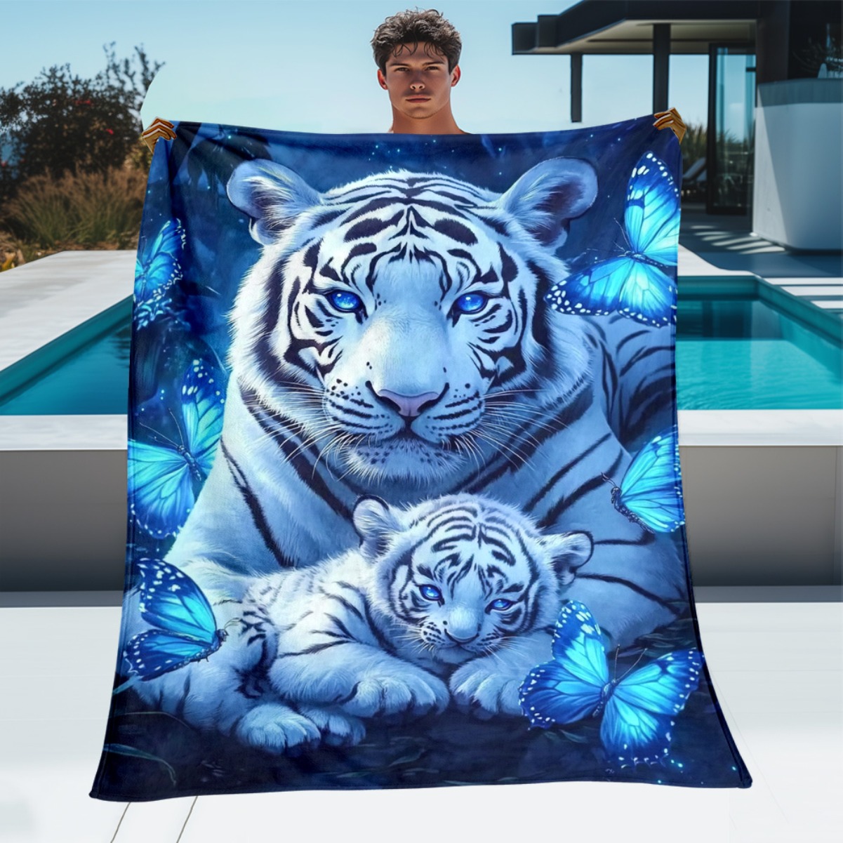 TEMU 1pc White Tiger With Cubs Portable Blanket- Lightweight Throw For Sofa Bed Travel Camping, Livingroom Office Couch Chair, And Bed - Digital
