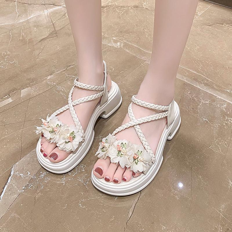 Stylish Japanese Korean Fashion Women's Summer Platform Flower Sandals  Solid Color Open-Toe Ankle Strap Shoes with Floral Embellishments, Slip-* 