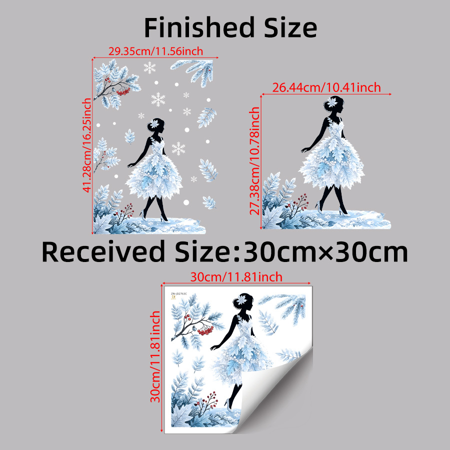 TEMU Autocollant en verre silhouette de dame avec de neige d'hiver, décalcomanie de fenêtre à , autocollant de fenêtre robe à feuilles enneigées,