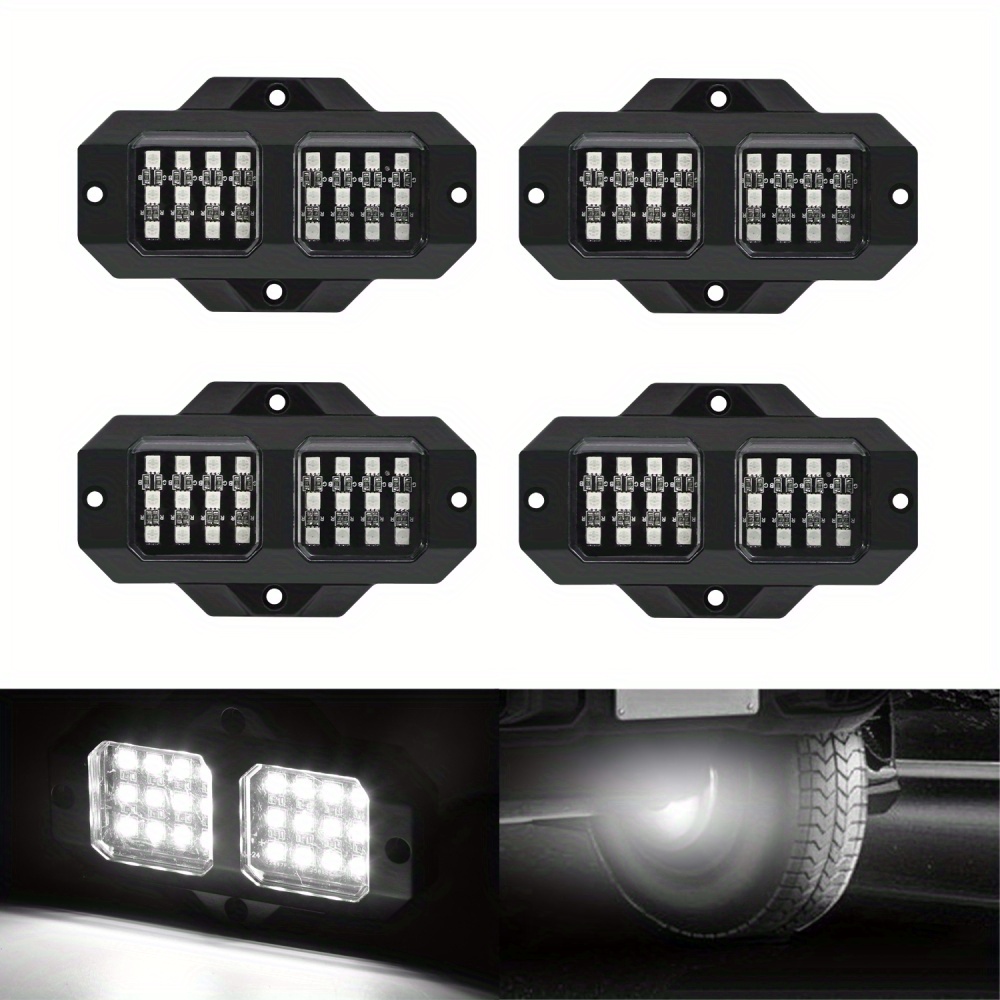 TEMU 4pcs Pods White Led Rock Lights, 6000k White, Car Underbody Lighting, 12v Hardwired Driveway Lighting, Suitable For Trucks, , Utvs, Suvs, Pickups, Off-road Vehicles Rzr, Without Battery