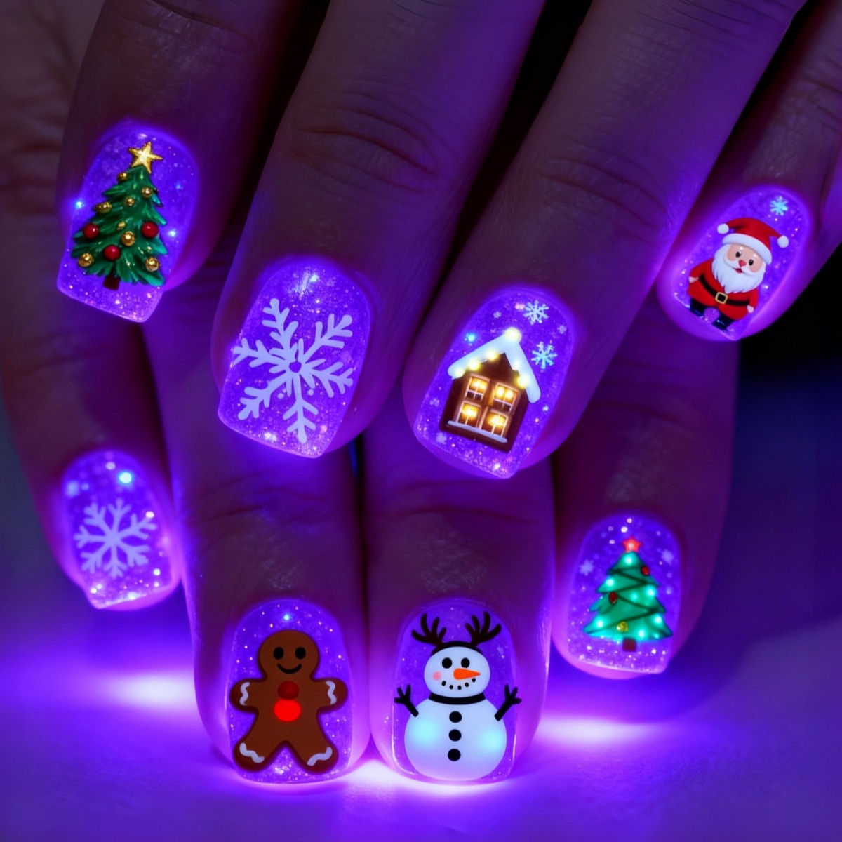 TEMU 24pcs 24pcs Purple Christmas Press-on Nails Suitable For Women's Manicure With Santa Gingerbread Snowman Tree Designs, Medium-length Square Fake