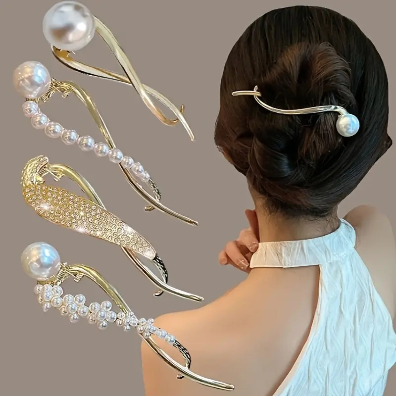 4pcs Pearl Rhinestone Fish Tail Hair Clips Golden Clasp Gift Set