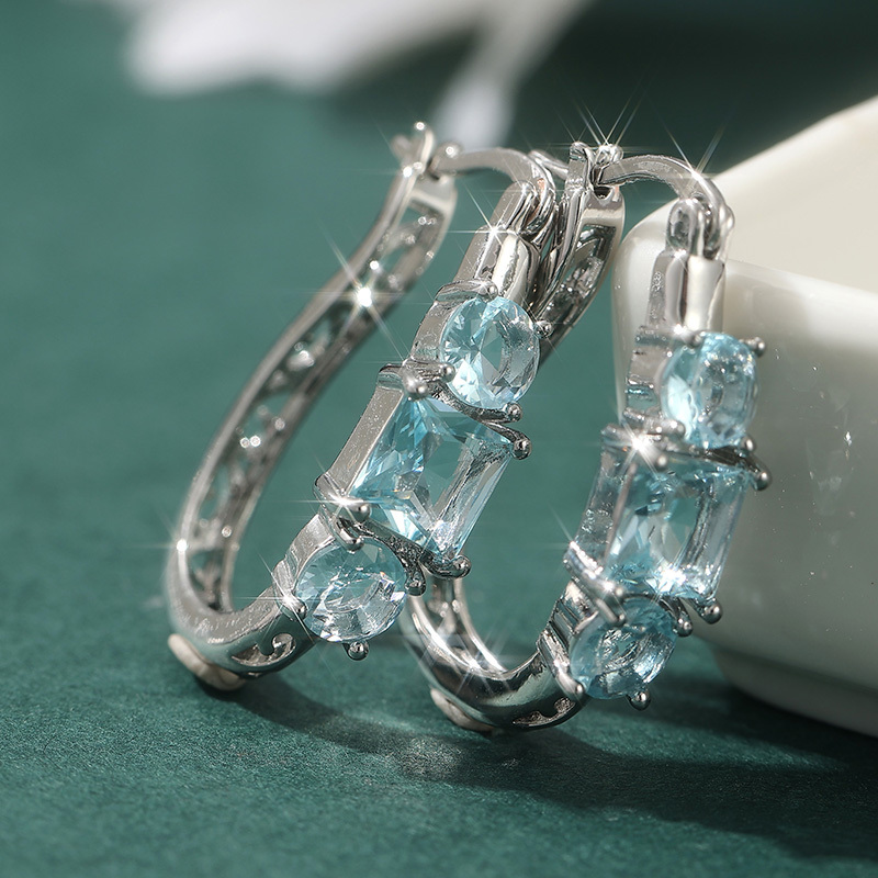Women's Luxurious Small Hoop Earrings with Blue Synthetic Zirconia
