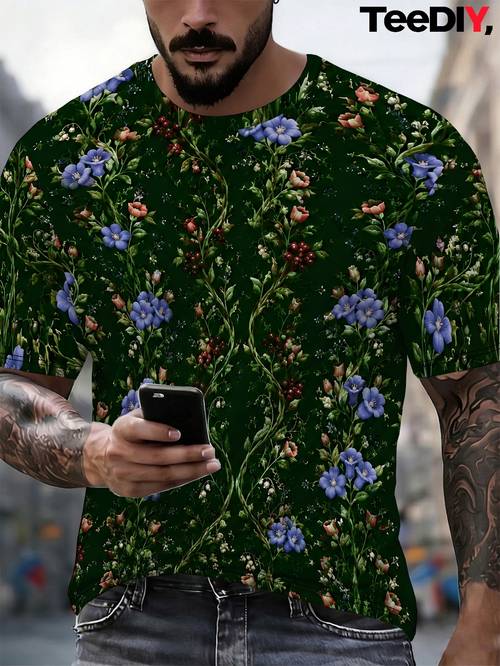 t-shirt de verão plus size para homem, verde escuro floral com listras de , estampado , , tops casuais e modernos para a dia, homens e altos