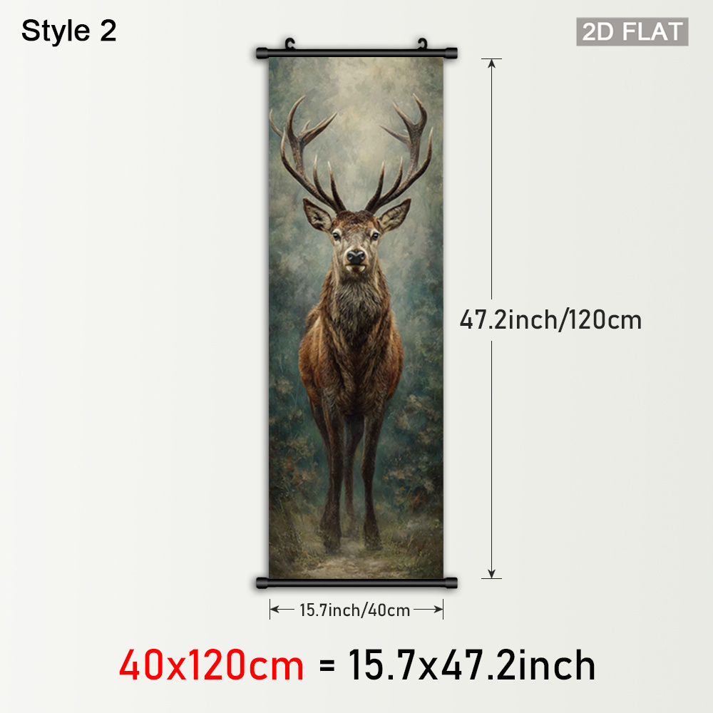 TEMU 2D Flach, 2D Flach, ein einziges gerahmtes Leinwandbild mit einer majestätischen Hirschkuh, die eine Waldszene darstellt. Dieses hängende