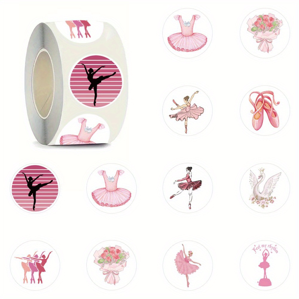 Image of 500pcs Per Roll Of Pink Ballet Dance Adhesive Tape Stickers, 1 Inch In Size, Perfect For Labeling Office Items, Decorating Suitcases, Water Bottles, Projects, Skateboards, Luggage, Helmets, And More