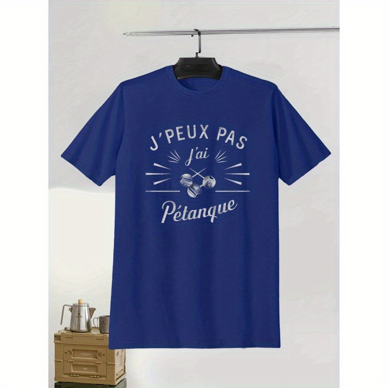 

T-shirt à slogan français pour homme, % polyester, col rond, manches courtes, haut décontracté en d'été avec motif géométrique, coupe standard - Noir