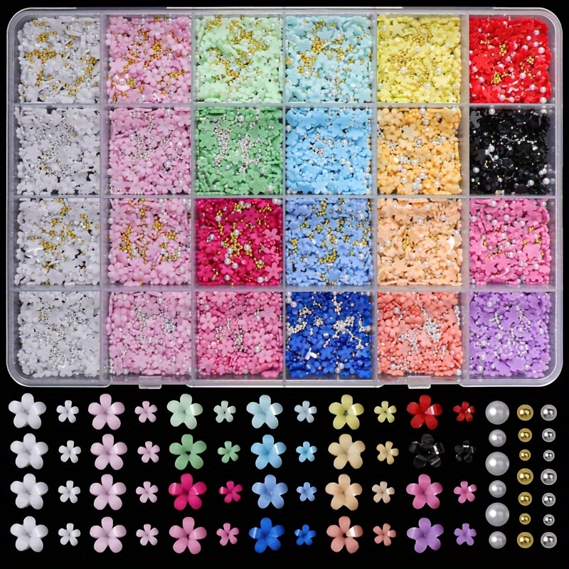 Image of 24grid/box Acrylic Flower Nail Charms 12 Colors 3d Flower Nail Art Rhinestones Golden Silvery Steel Beads Mixed Pearl Spring Gems Diy Supplies Manicure Tool Decorations Accessories
