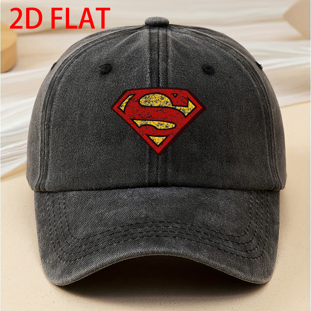 TEMU 2d Flat, 1pc Wb Cartoon Print Superman Solid Color Unisex Baseball Cap Vintage Simple Washed Distressed Hats Lightweight Adjustable Dad Hat For