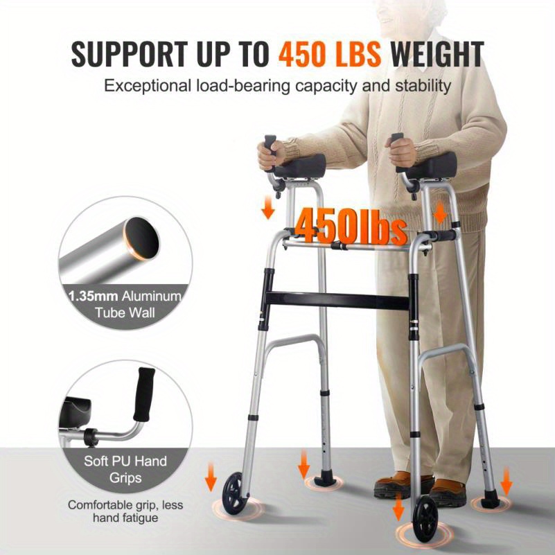 1pc Aluminum Height Adjustable 2-in-1 Folding Walker with Armrest Pads and 5-Inch Solid Wheels for Stability and Comfort, Outdoor Mobility Aid | Ergonomic Grip | Sturdy Frame