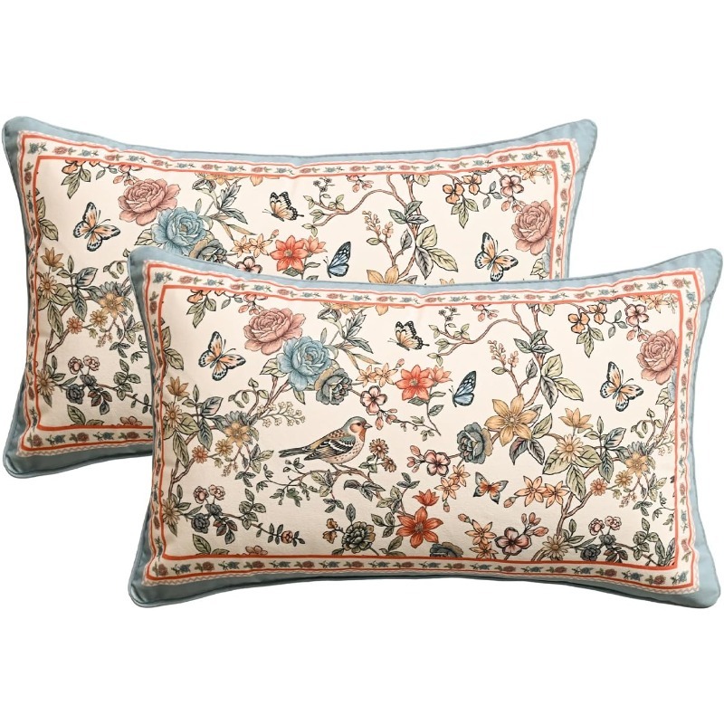 TEMU 2 taies d'oreiller Fleurs de printemps et oiseaux, coussins de décoration de style bohème floral de ferme, adaptés au lit, au canapé, garnitures