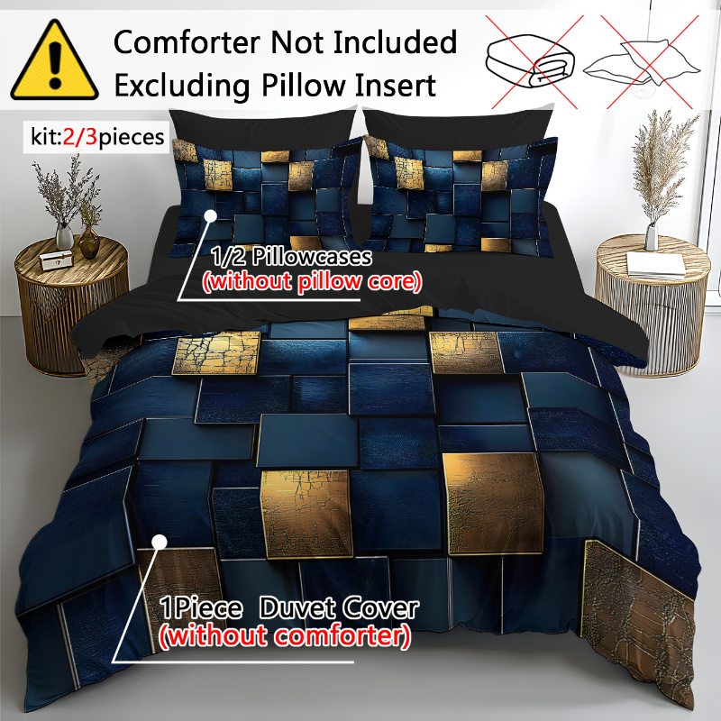 TEMU 2d Flat 2/3pcs Valentine's Day, Blue And Golden Color Blocks, Easter, Cartoon Series, Universal Black Abstract Space Pattern Bedding For ,