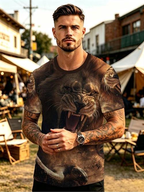 fashion mens t shirt lion and pattern crew neck polyester material multiple sizes mixed colors suitable for hiking camping fishing dynamic sports style