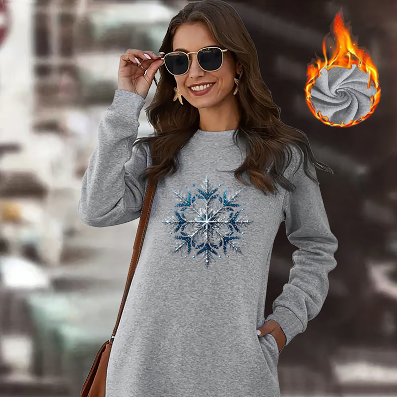 

Robe sweat imprimée d'hiver pour femmes, haut tricoté à manches longues et col rond décontracté avec poche latérale, robe sweat en épaisse 100% polyester pour /hiver