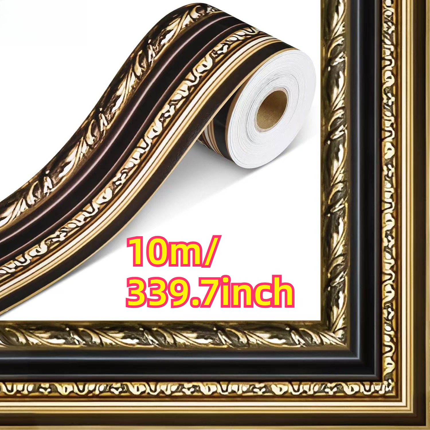 E-shop 10m/33ft Rolle Vintage Goldrand Selbstklebefolie, Pinnwandkante Stanzfolie Gerade Rolle, geeignet für Bilderrahmen, Ränder, Pinnwände,
