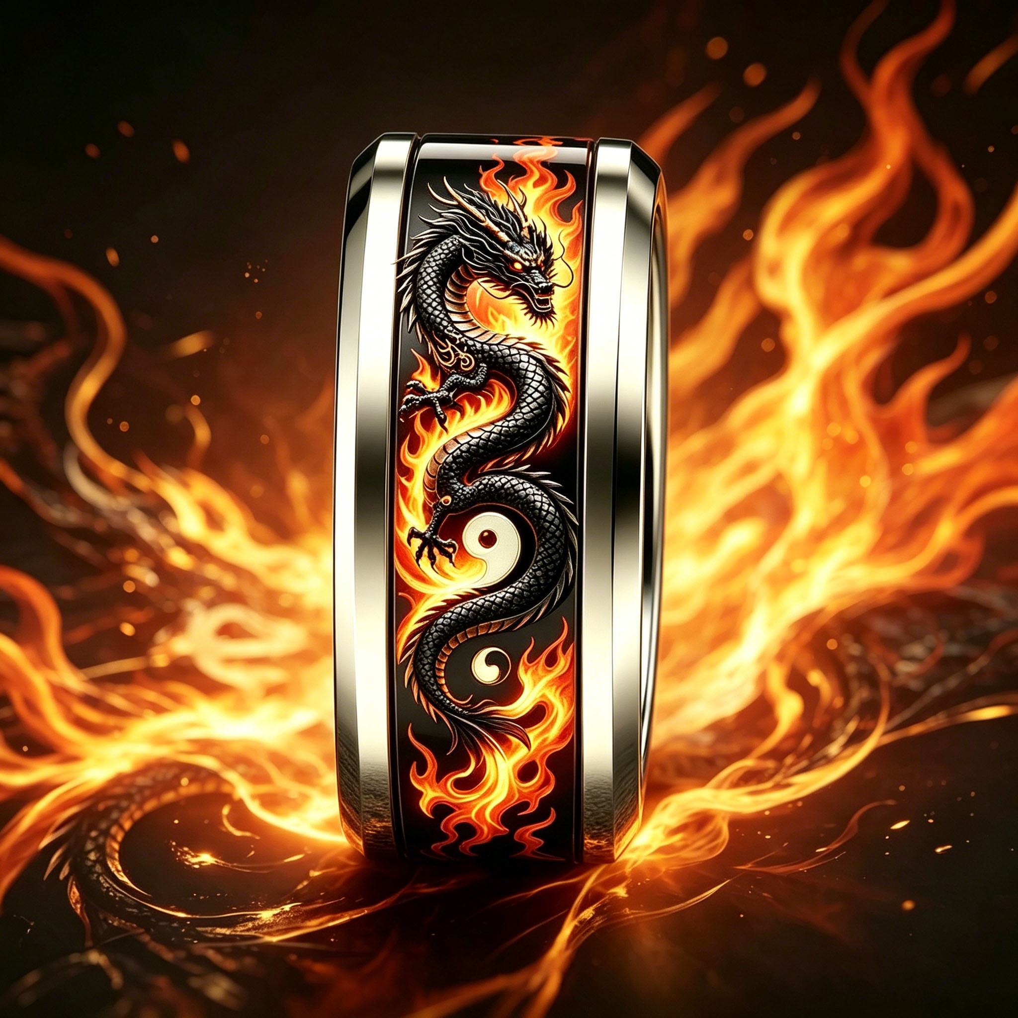Chinese Style Flame Tai Chi Dragon Stainless Steel Ring