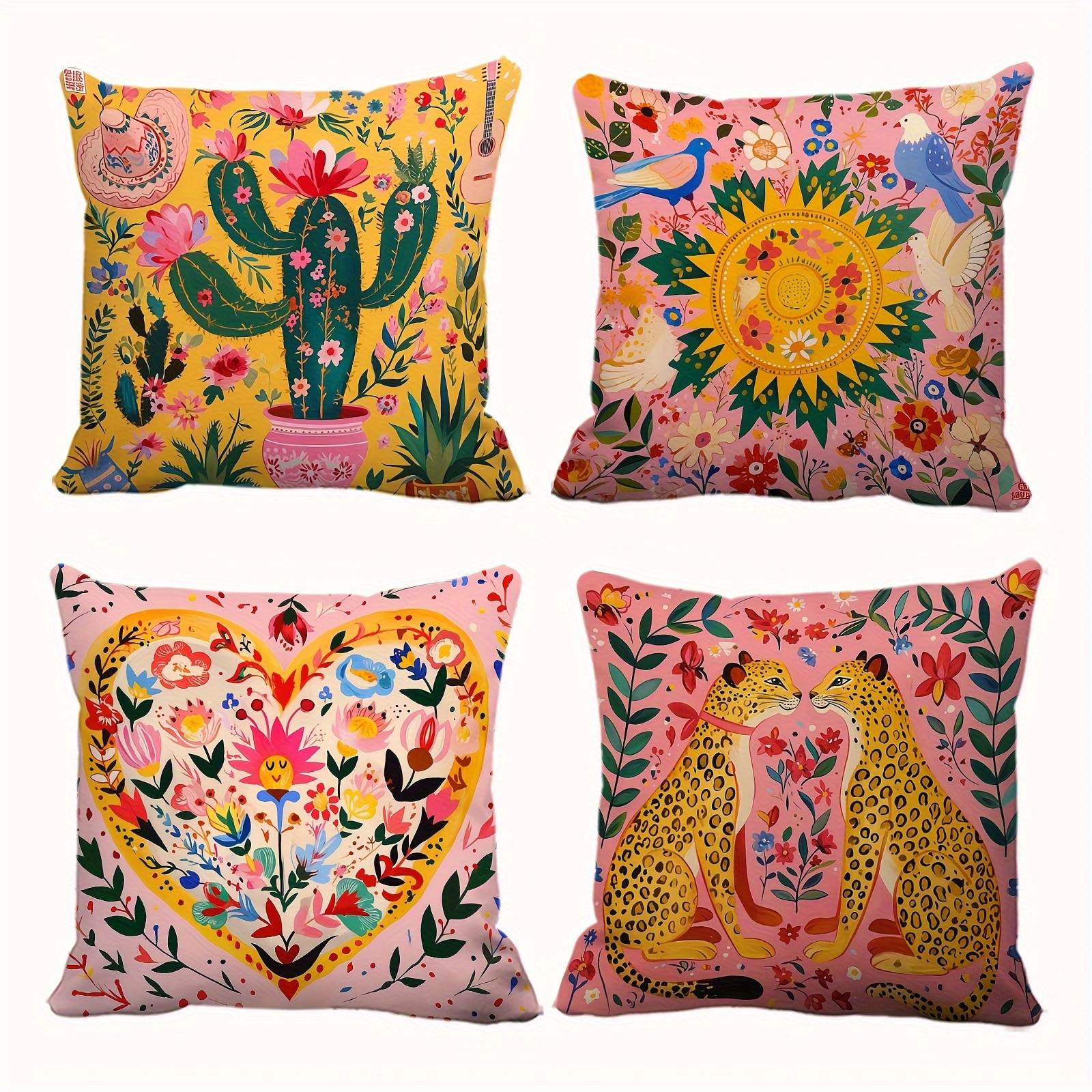 E-shop 4er-Set Kissenbezüge im böhmisch-mexikanischen Stil mit Leoparden-, leidenschaftlichem Blumen-, Sonnen- Kaktusmuster-Druck, gesunde bequeme