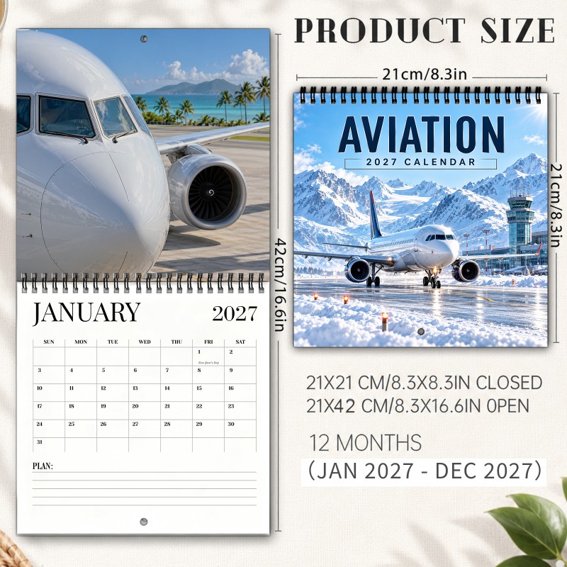 TEMU Aviation 2027 Wall Calendar Airplane Taxiing At A Airport Spiral-bound With Thick Paper And Marked Holidays Home And Office Organizer Planning