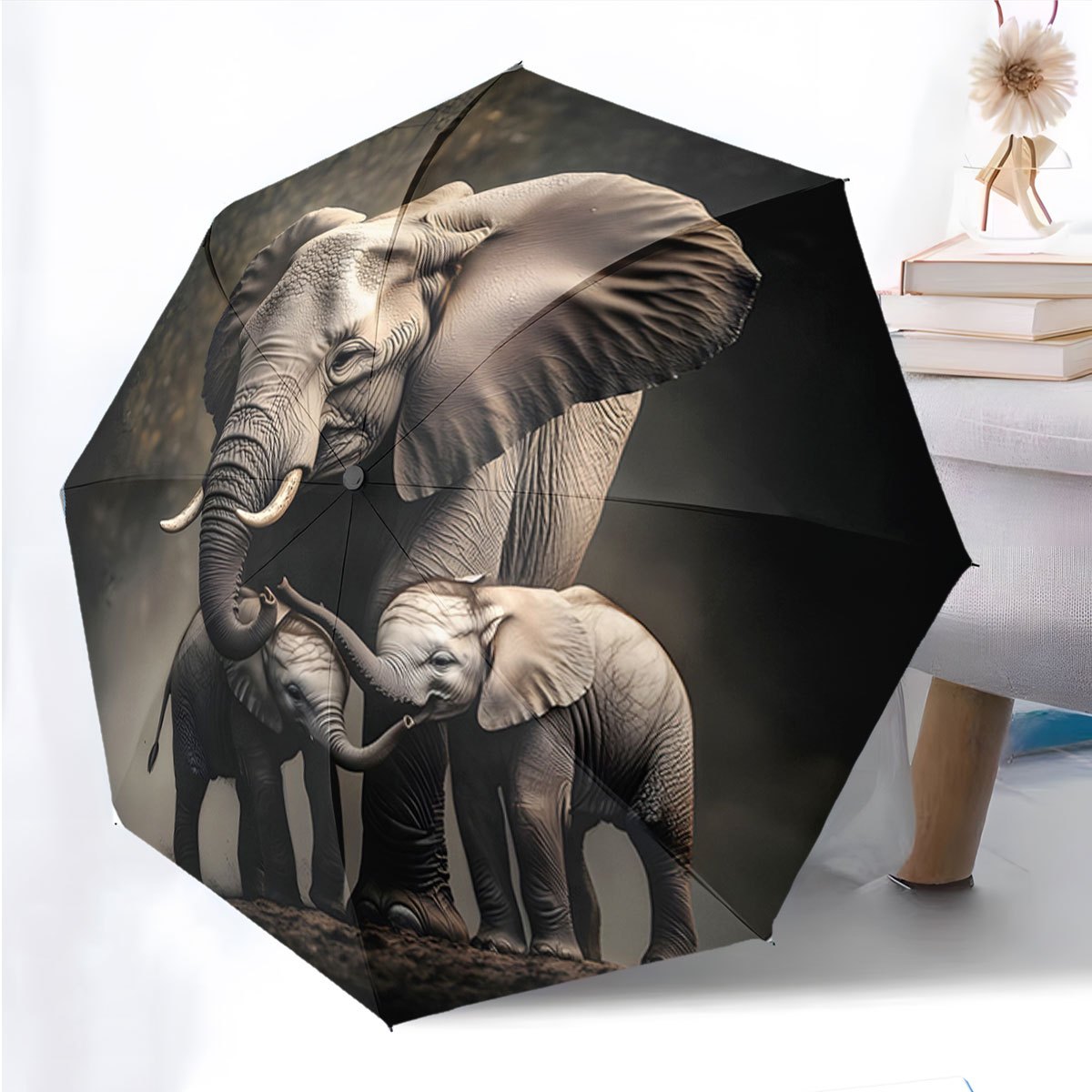 Image of A Portable, Collapsible Umbrella Featuring Elephants And Their Young. This Casual Outdoor Item Is Suitable For Any Season And Makes A Great Gift For Christmas, Birthdays, Or Festivals