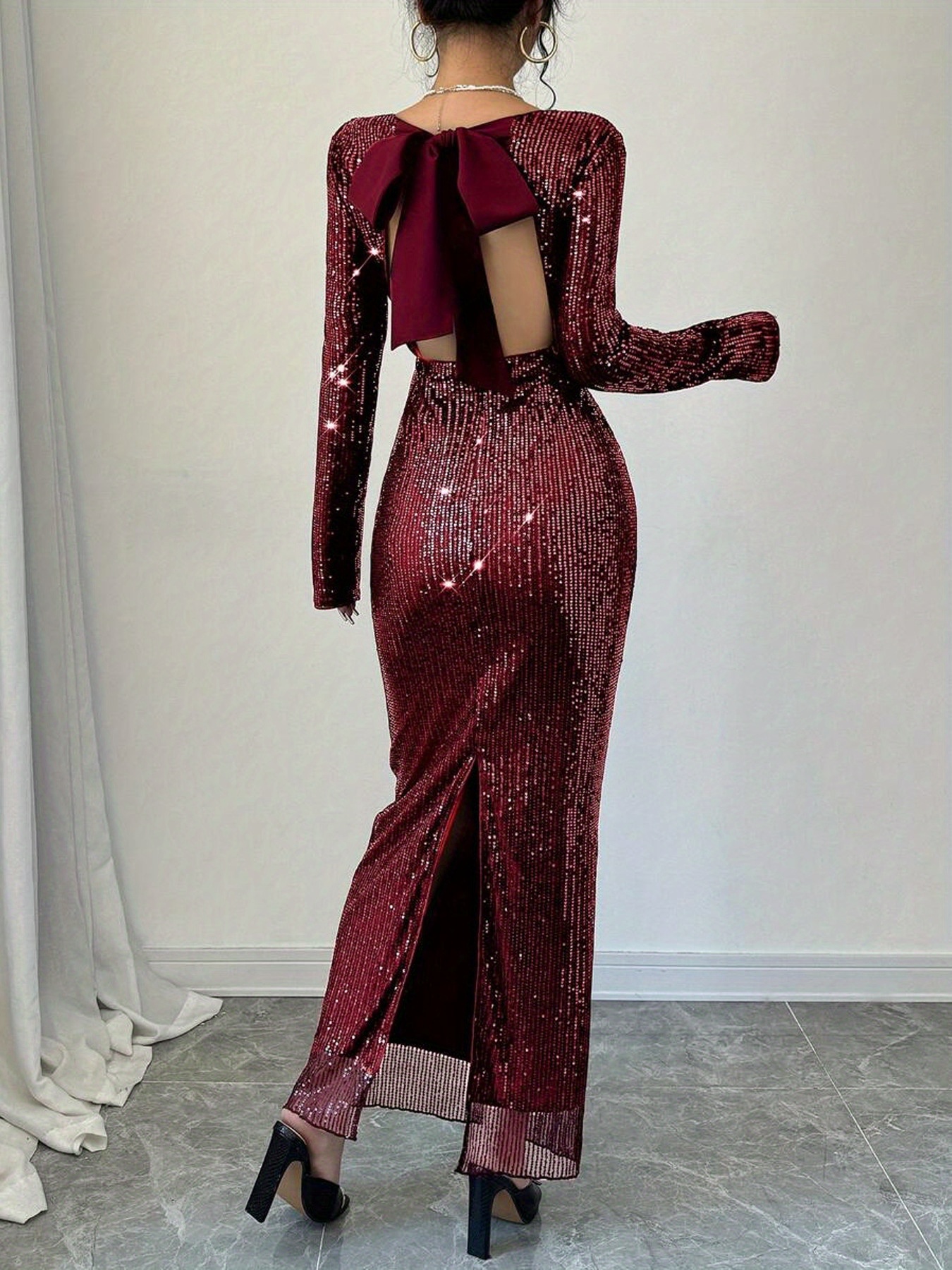 sachin and babi light blue dress Leely Women Sparkly Burgundy Sequin Long Prom Dress with Slit Mermaid Halter Neck Backless Ruched Pageant Dress with 3D Flower main image 0