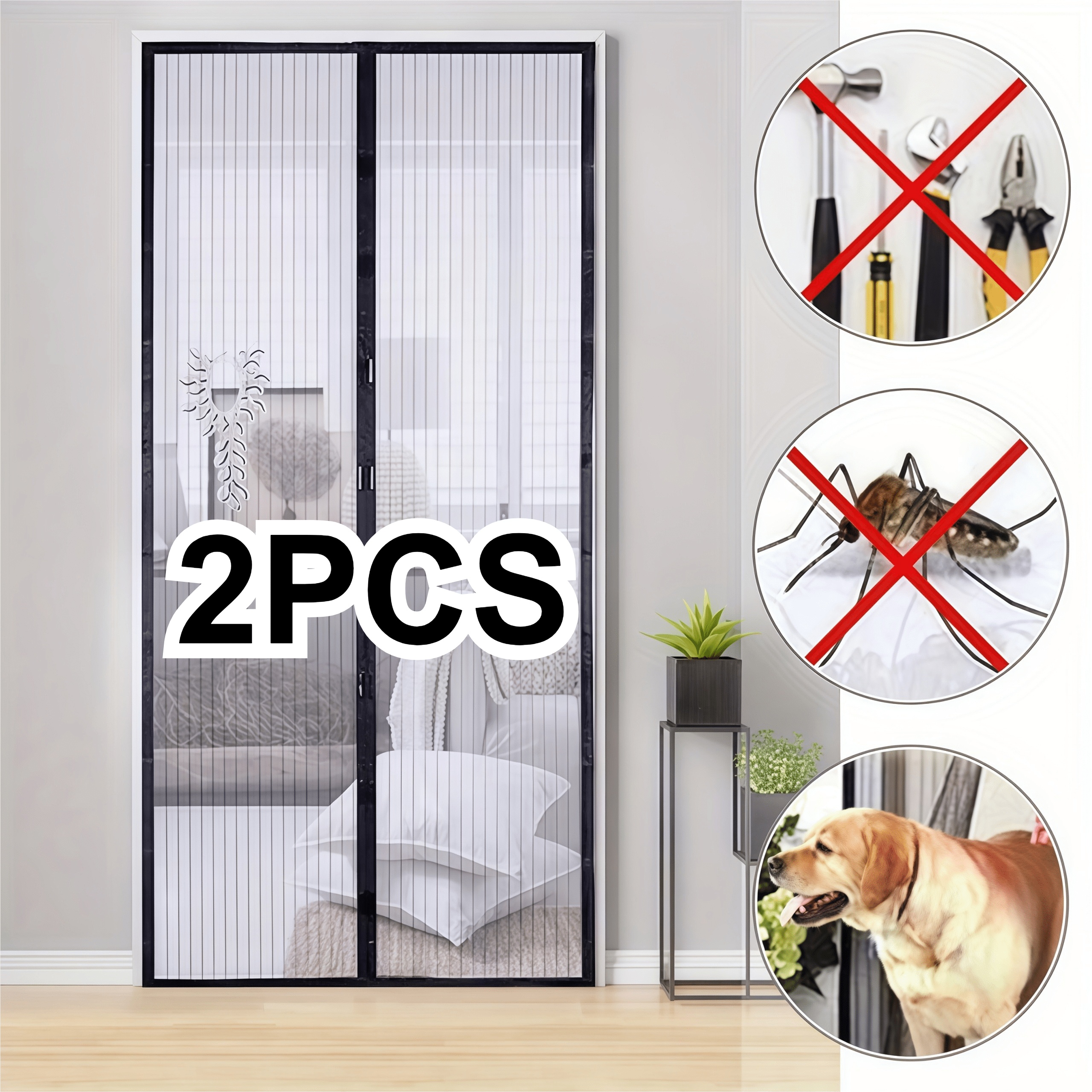 TEMU 2pcs Black Heavy-duty Self-sealing Magnetic Screen Door - Installation, Double Fixed With Magnetic Strip And Adhesive Hook-and-loop, Use, Mesh