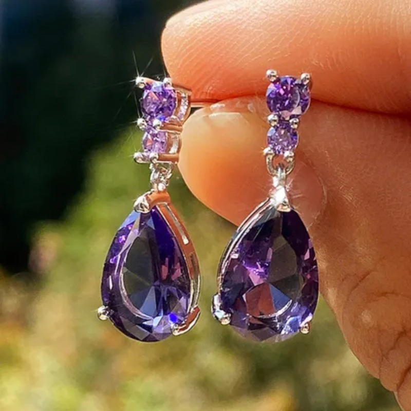Image of Exquisite Teardrop Purple Synthetic Zirconia Inlay Dangle Earrings For Ladies Engagement And Wedding Jewelry Enthusiasts, Vintage Bohemian Style Jewelry Gift
