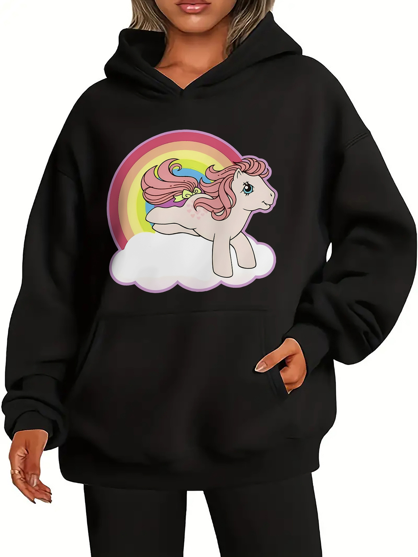 felpa cappuccio donna stampa pony colorata maniche lunghe Temu Italy