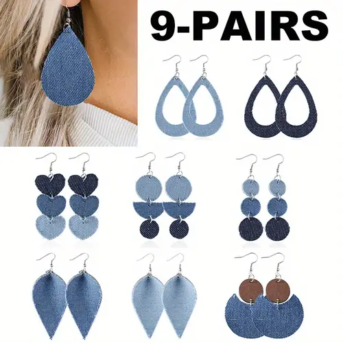9 pairs womens blue earring set bohemian round half circle crescent heart drop earrings geometric denim leather drop earrings vintage denim boho western earrings set gift
