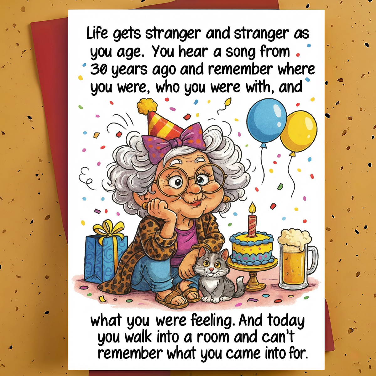 TEMU A Single Humorous Birthday Card Designed For A Grandmother, Aunt, Or Any Older Woman – Featuring A Cartoon Of An Elderly Lady With A Cat, In A