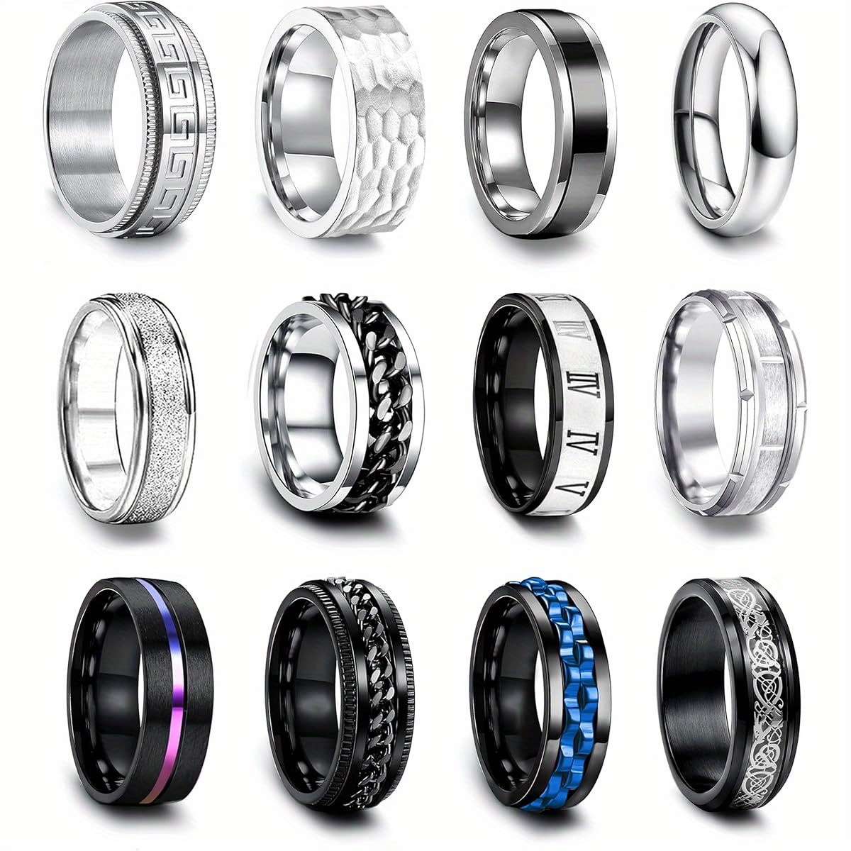   12pcs stainless   rings for men women cool fidget spinning chain ring anxiety relief fashion simple wedding engagement ring set Product details 3