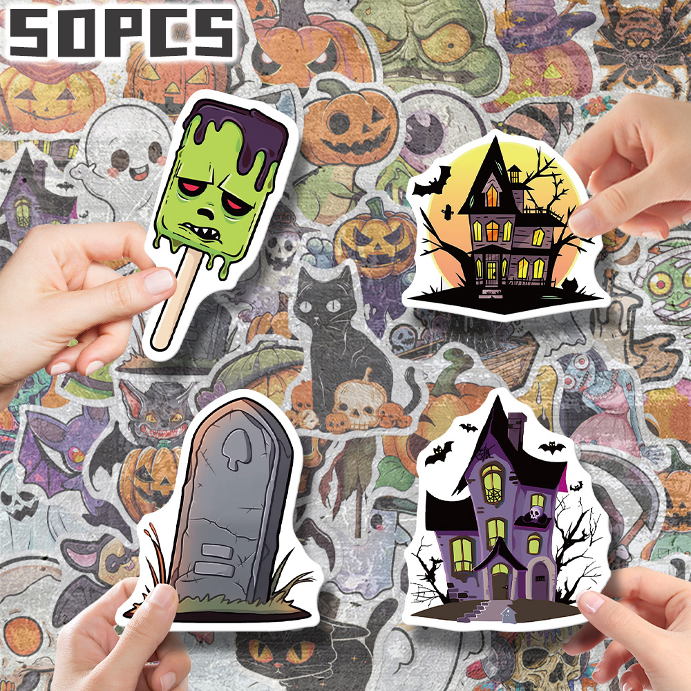 Lot 50 Autocollants Halloween PVC – Double Face, Réutilisables, Auto-adhésifs, Décoration Intérieure, Enfants/Ados