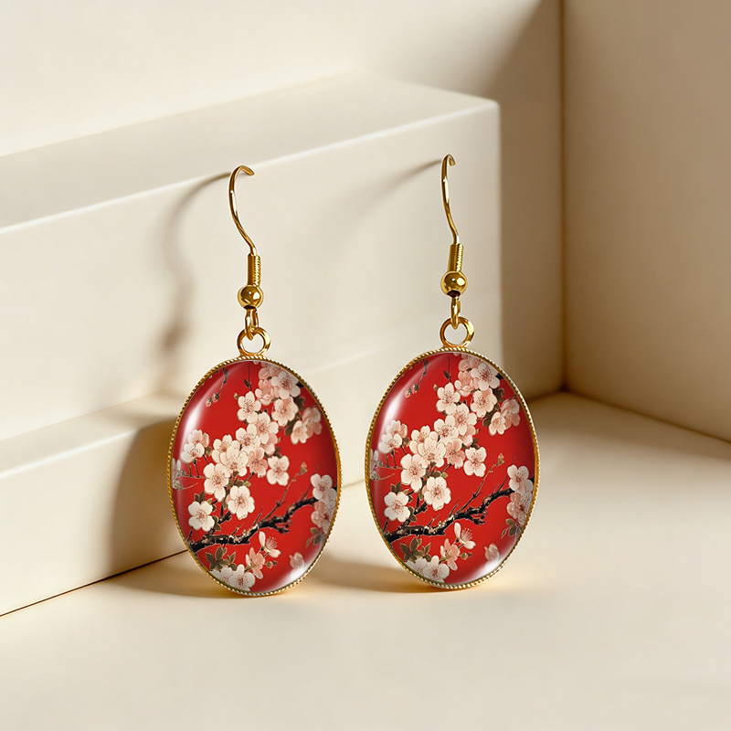 Women's Chinese Plum Blossom Art Dangle Earrings, Golden Oval Design