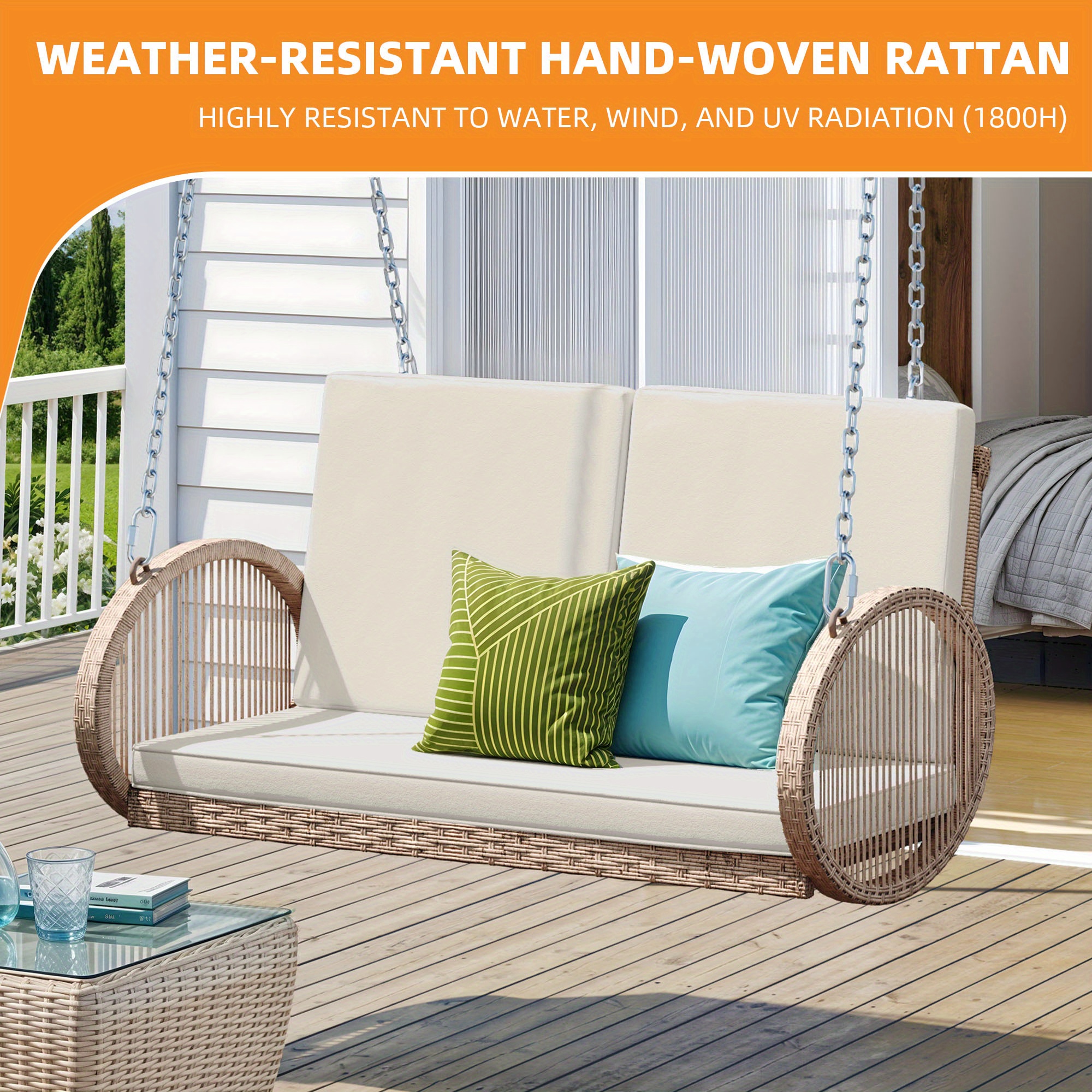 Phabules Hanging Swing Chair with Oval Handrails and Waterproof Cushions, All- Weather Rattan Swing Chair 530lbs Capacity, for Outdoor