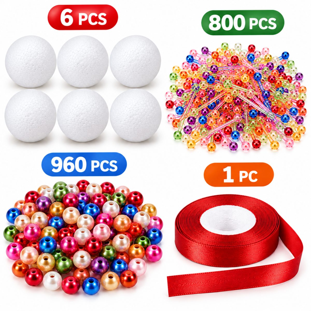 TEMU 1767pcs(6set) Christmas Craft Beaded Set Including 6 Foam Balls, 960 Ab Acrylic Beads, 1 Ribbons, 800 Head Pins, Adult Christmas Tree Ornaments,