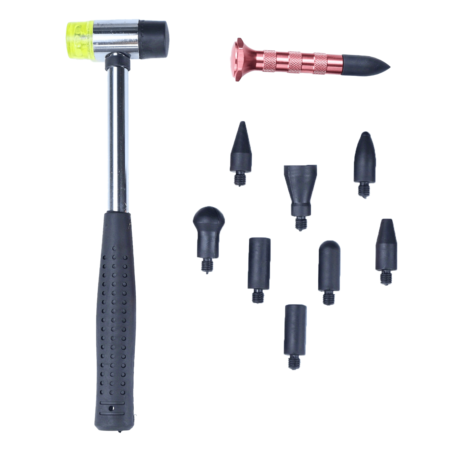 E-shop 11-teiliges Dellenreparatur-Stift Hammer Set Gummi Auto Dellen Tabs Abzieher Kopf Karosserie Bumpen Entferner Stift, Lackfreie Dellenreparatur