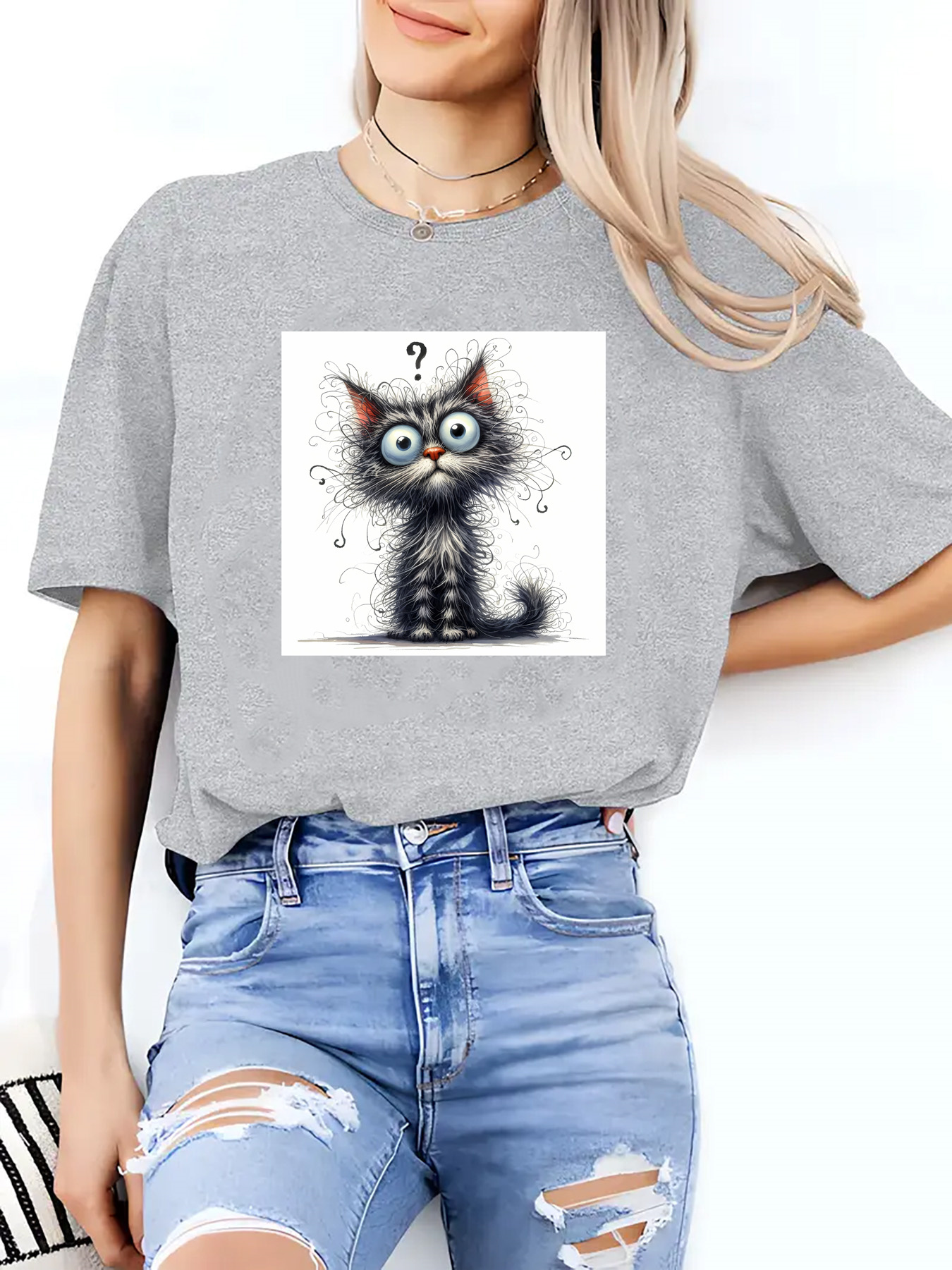 casual and stylish cute cat pattern printed clothing womens soft sports   neck t shirt medium   comfortable fabric suitable for  