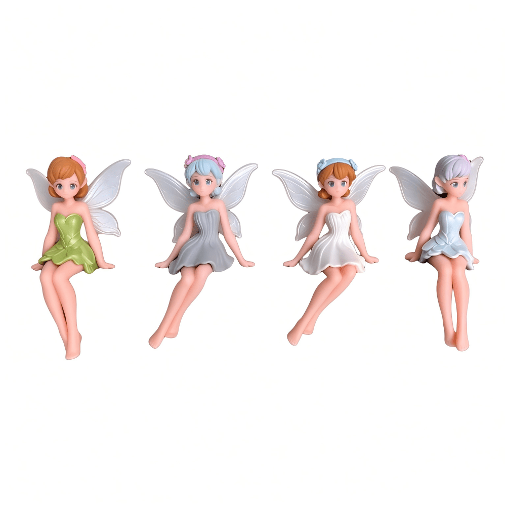 TEMU 4pcs Mini Statue Ornament Set, Cute Sitting Fairy Resin Doll With Colorful Transparent Winged Elf Model, For Car Interior, Desk Micro Landscape,