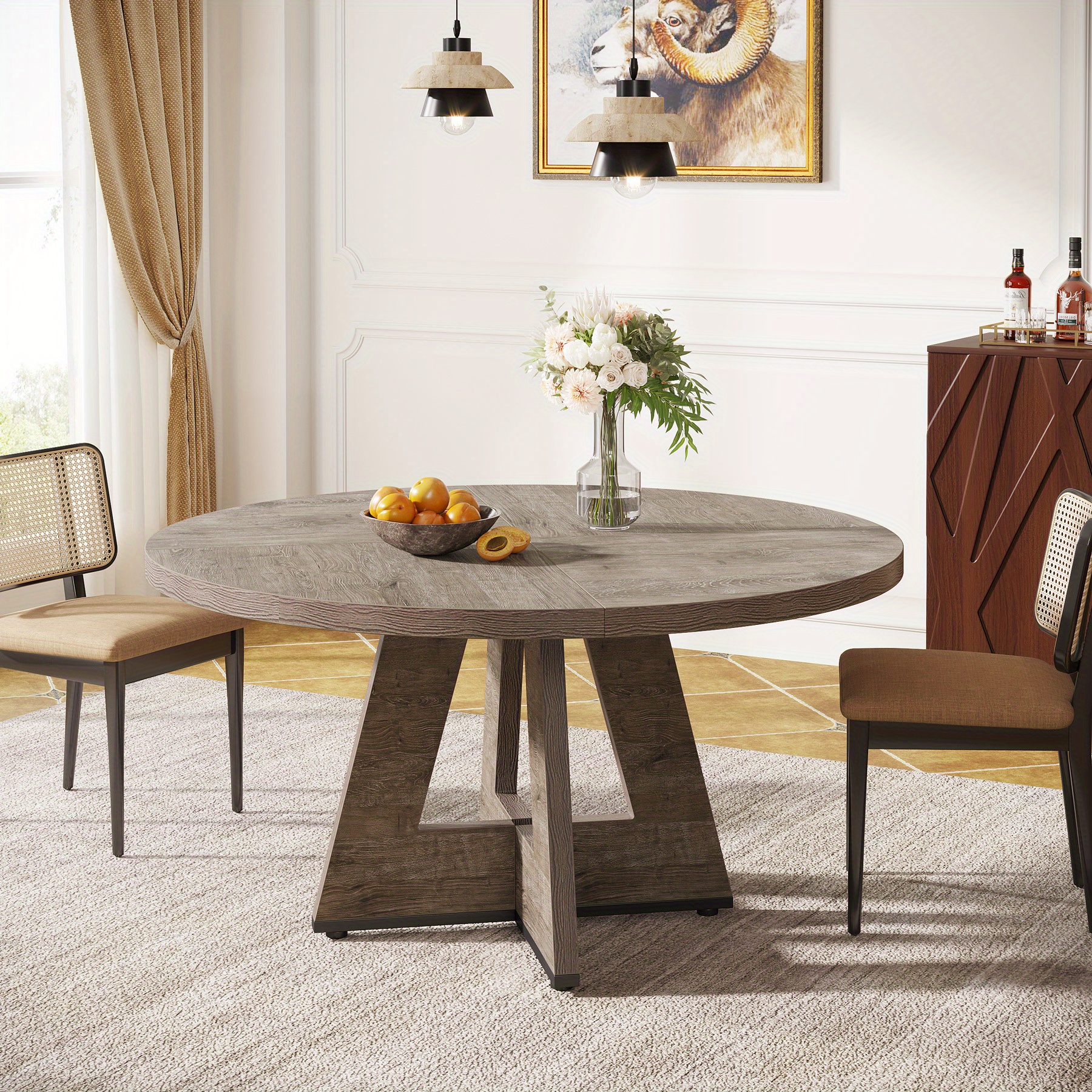 TEMU Table de conférence ronde de 47 pouces pour 4 à 6 personnes, table de salle de en bois avec plateau épaissi et base en bois (gris)