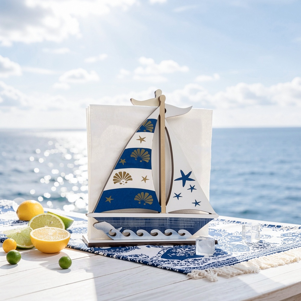 TEMU 1 Set Country Wooden Welcome Napkin Holder, Handmade Anchor And Starfish Detail Tissue Base, Retro Non-slip Wear-resistant Wooden Tabletop Decor