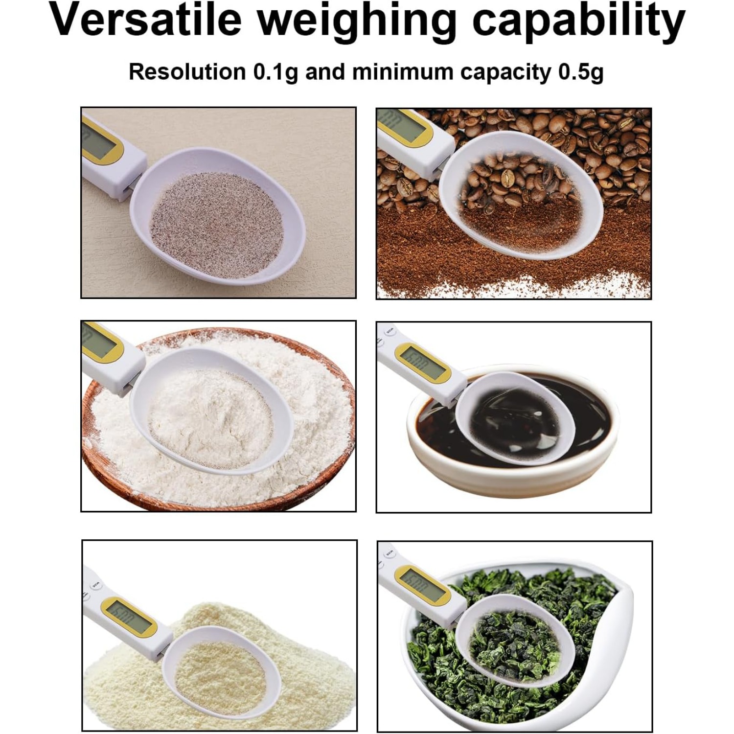 electronic weighing spoon with     gram scale ergonomic handle 0 1 500g capacity high quality   abs material white black electronic kitchen scale with   function hold unit switch for baking coffee spices tea ingredients measurement 6