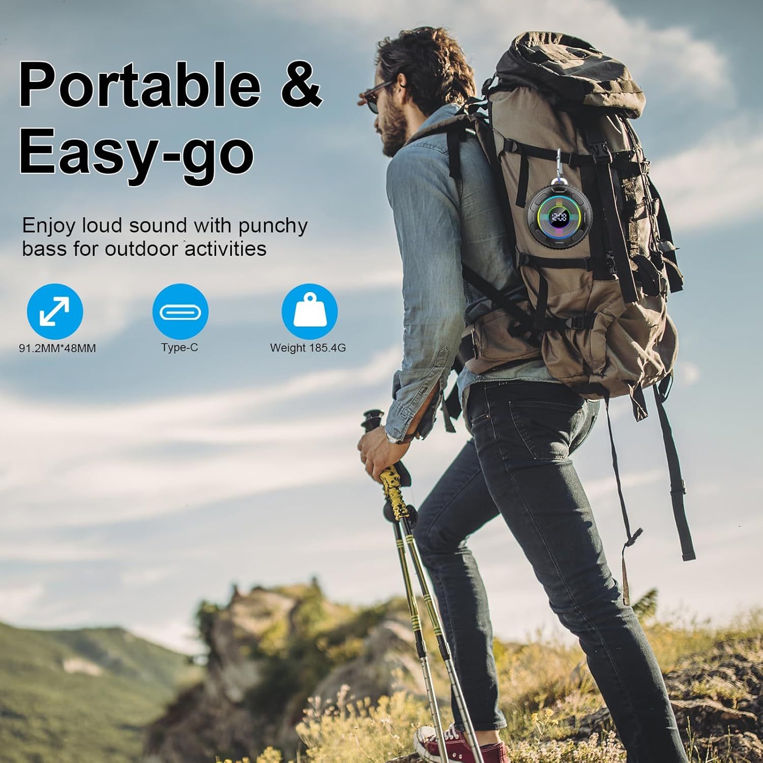 portable speaker wireless speaker with suction   display dynamic led lights stereo pairing hands free speaker with microphone 10 hour playtime   for car backpack use versatile multi function speaker Product details 4