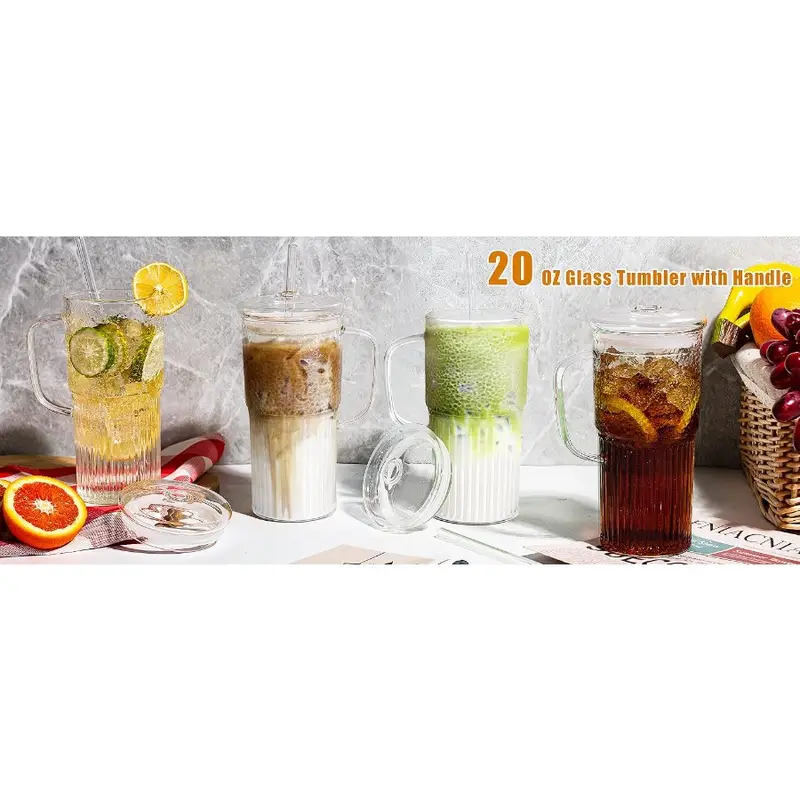 2pcs 20oz borosilicate glass tumblers with lids straws wide mouth handle coffee cups for smoothies iced beverages citrus purple drinks beverage drinking glasses stylish clear cups durable glassware Product details 0