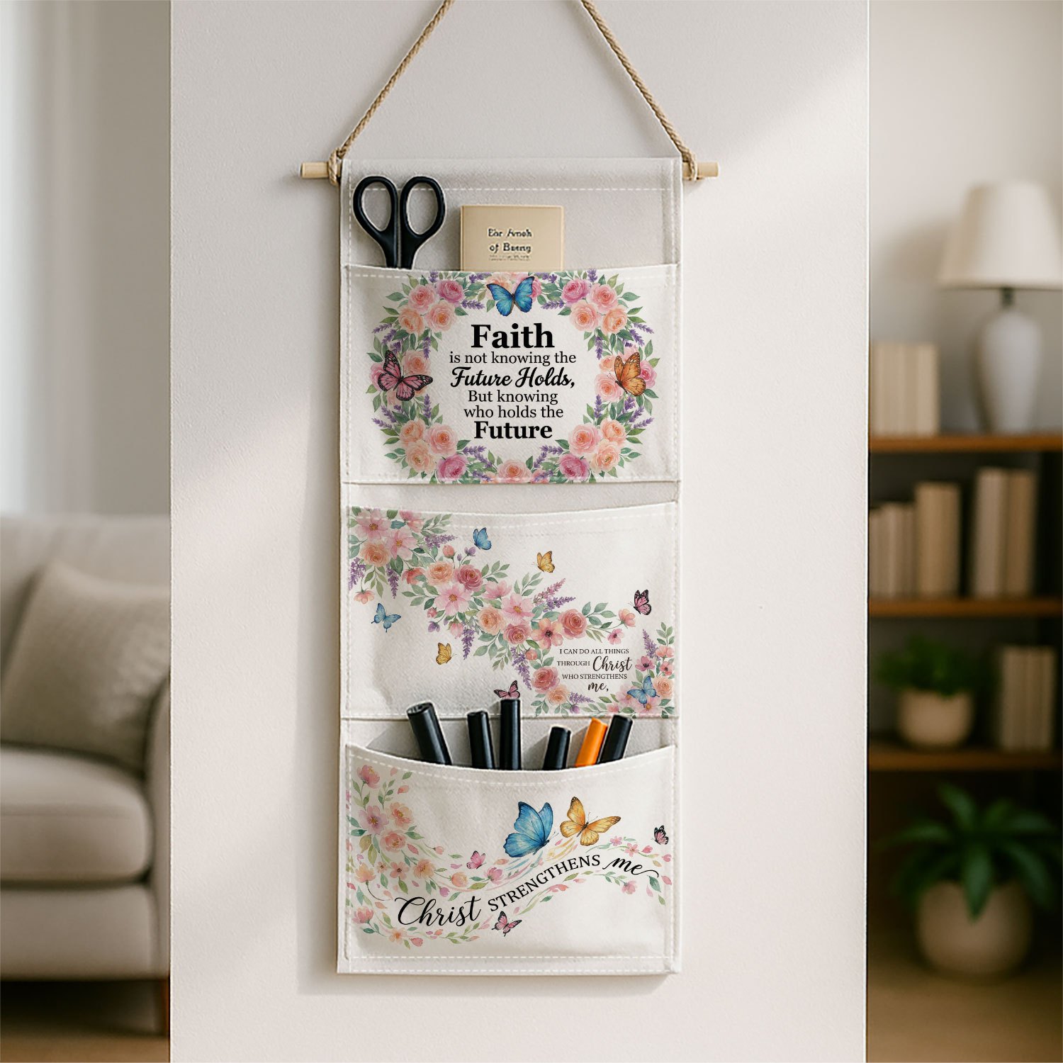 TEMU 2d Printed 1pc Christian Faith Wall-mounted Fabric Storage Bag With Watercolor Floral & "faith Makes Things " Verse Suitable For Clothing,